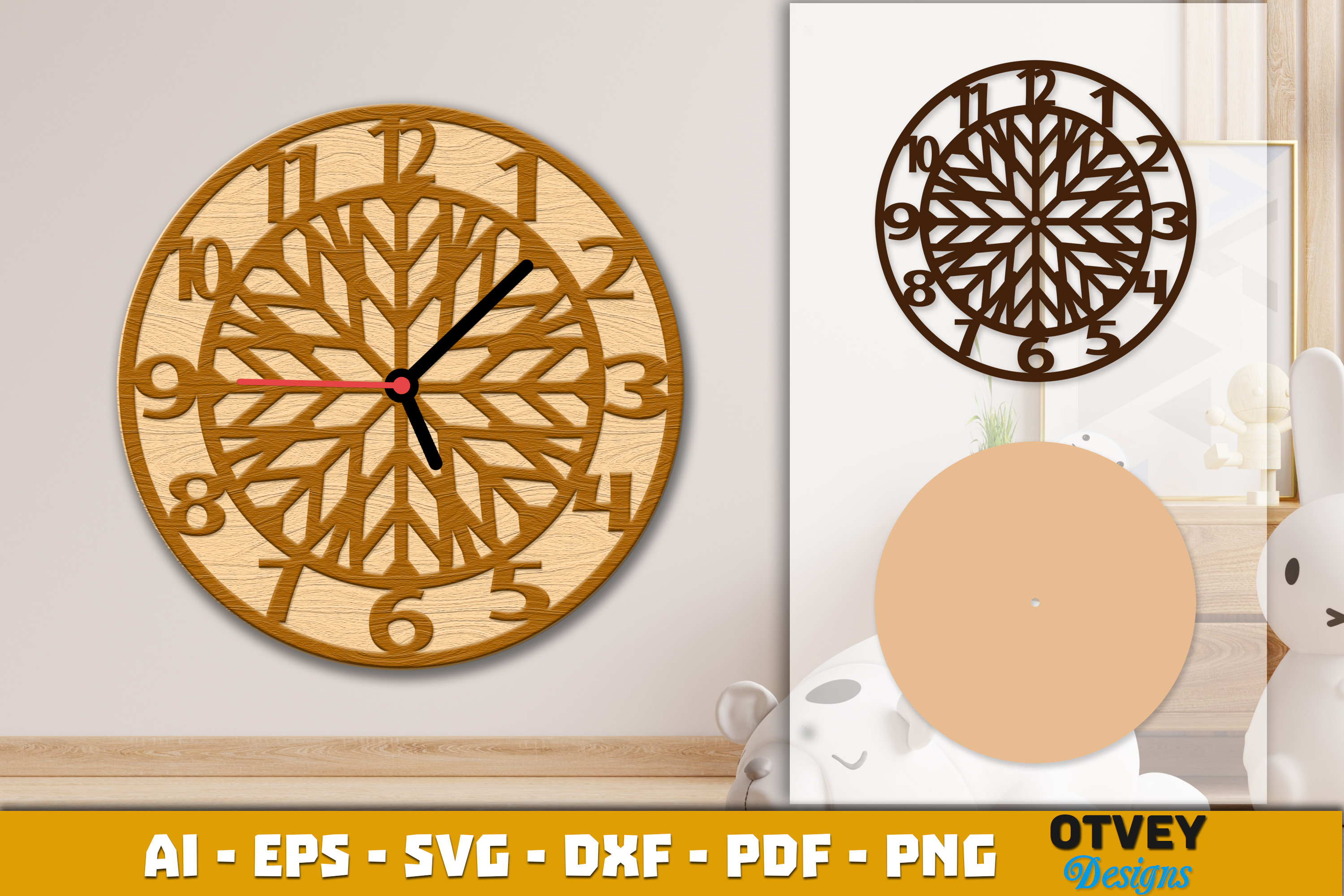 [Laser cut and engrave] Round wall clock with geometric snowflake pattern and large numerals