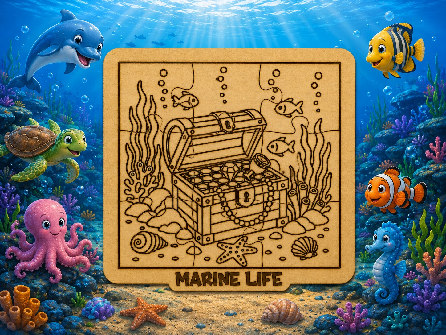 Treasure Chest Ocean Puzzle SVG XCS | Marine Life Wooden Puzzle for Children | Laser Engraving Design | DIY Educational Craft File