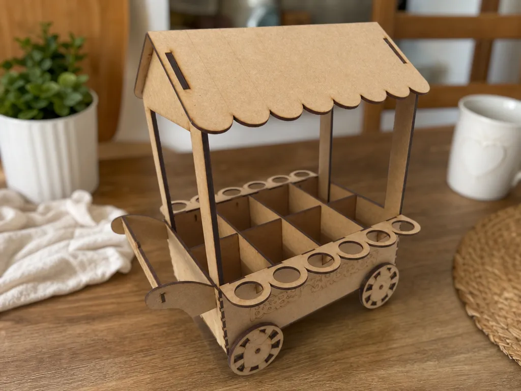 Présentoir en forme de chariot de marché avec compartiments