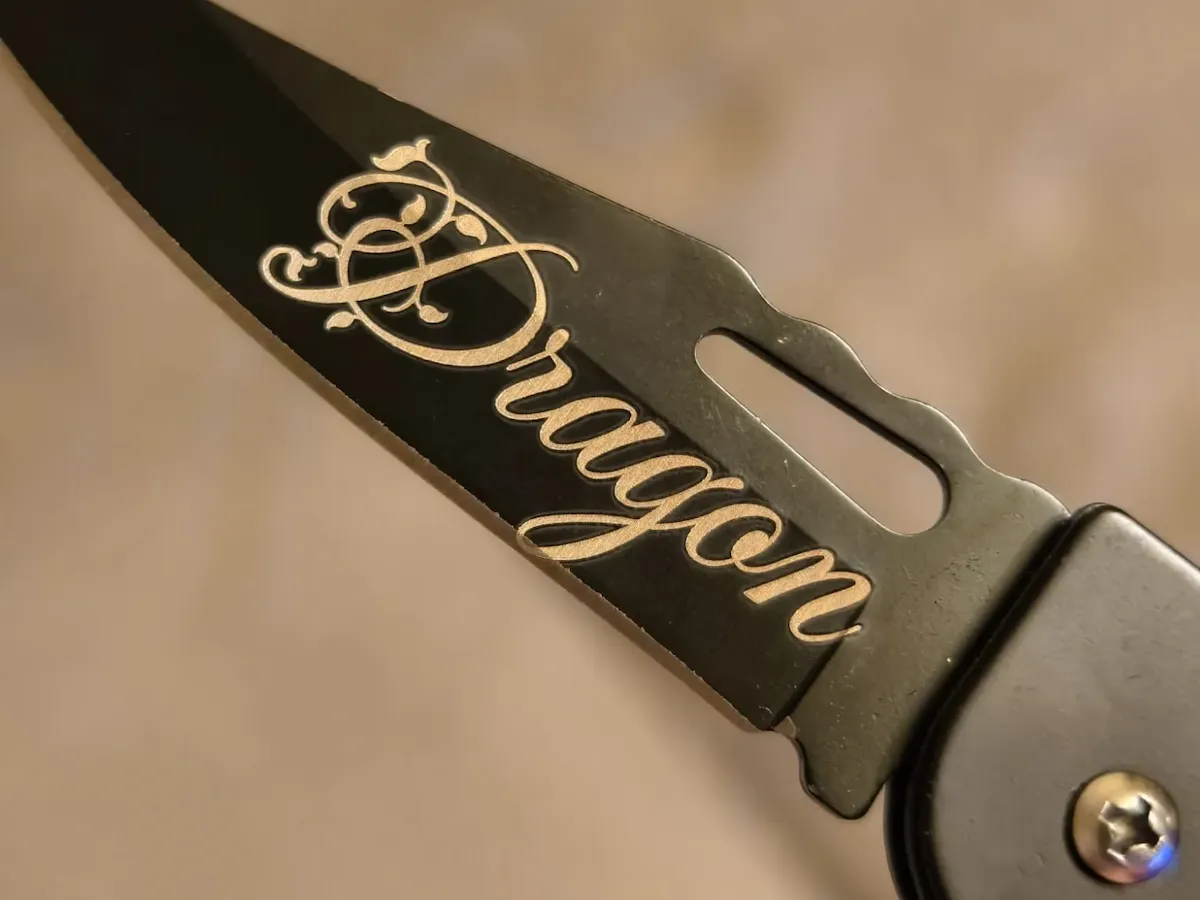 [Laser cut and engrave] Black Folding Knife Blade with Dragon Script