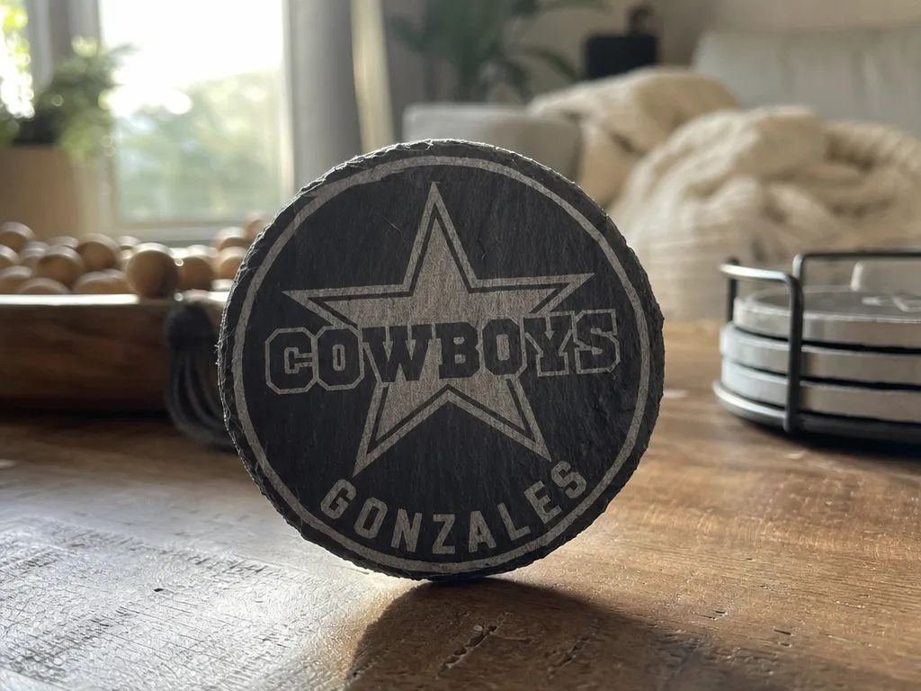 Round Dallas Cowboys Slate Drink Coaster with Star Logo and Custom Name