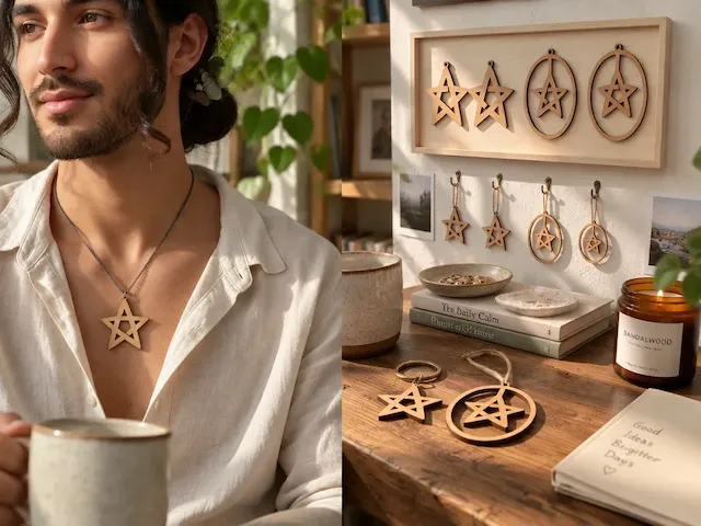 Wooden Pentagram Star Pendant Necklace and Hanging Ornament Set