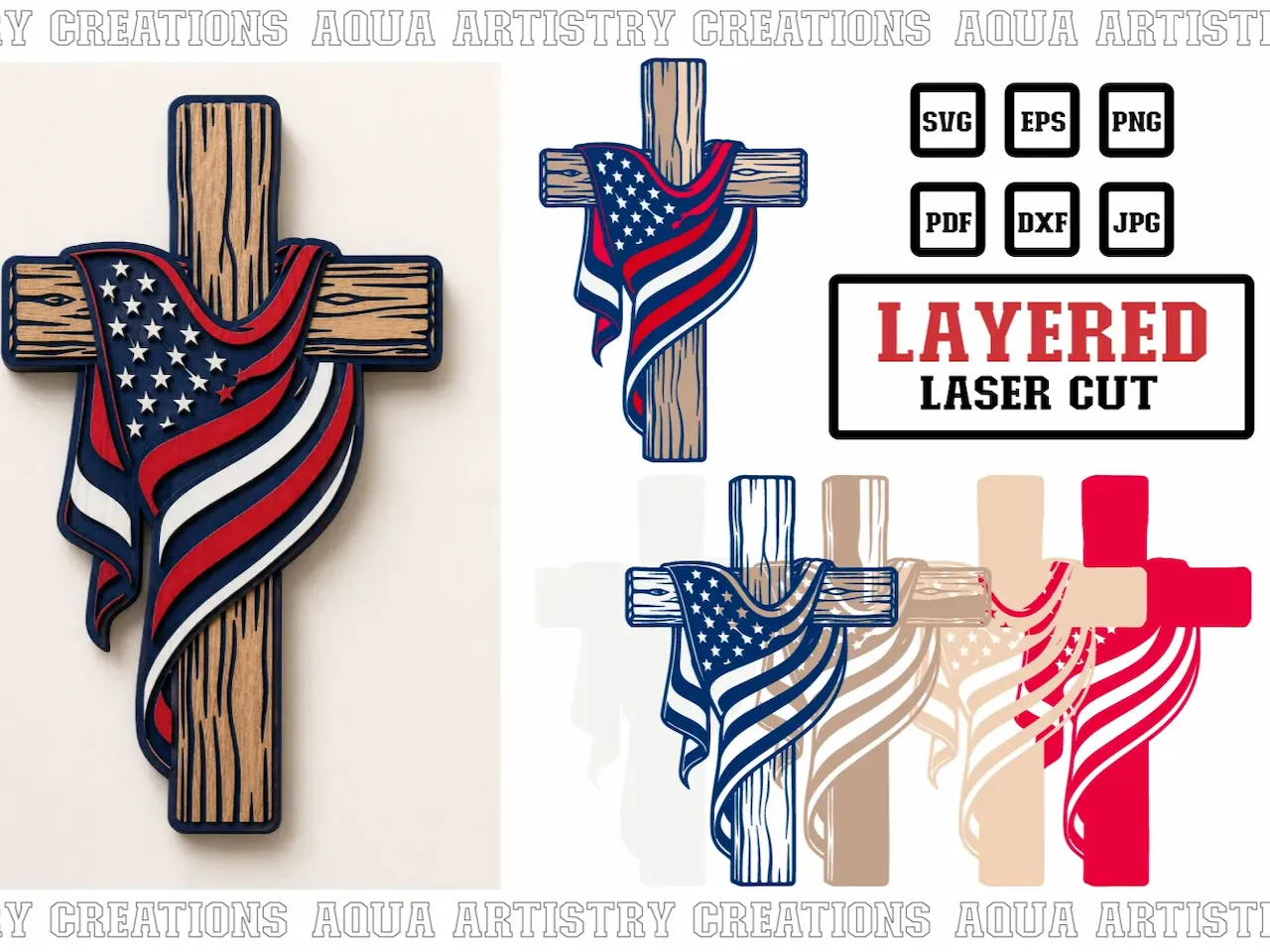 [Laser cut and engrave] Wooden Cross Wall Hanging with American Flag Draping