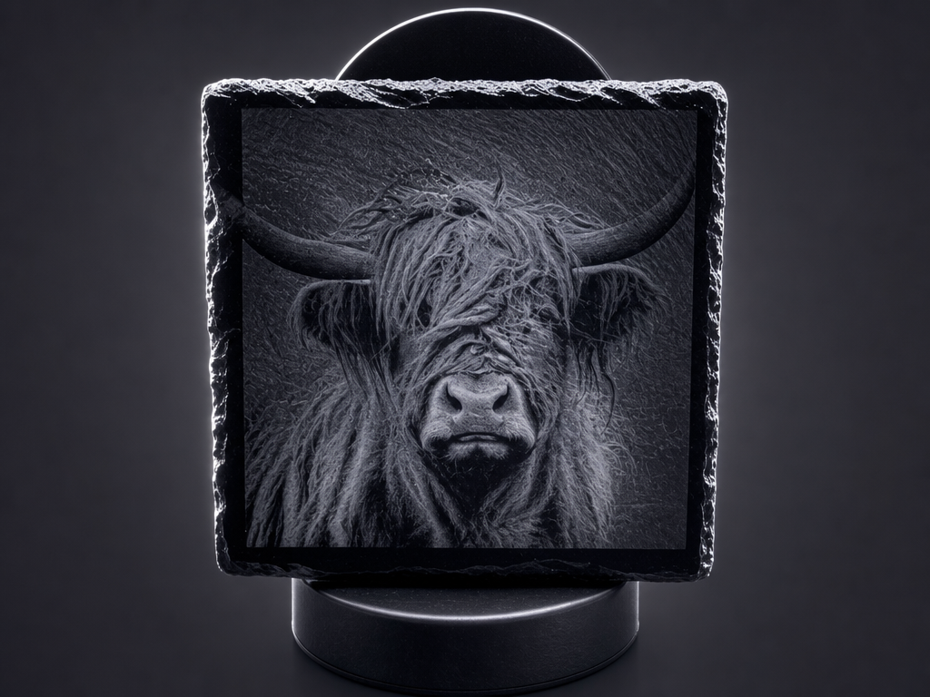 Square Slate Coaster Featuring a Highland Cow Portrait