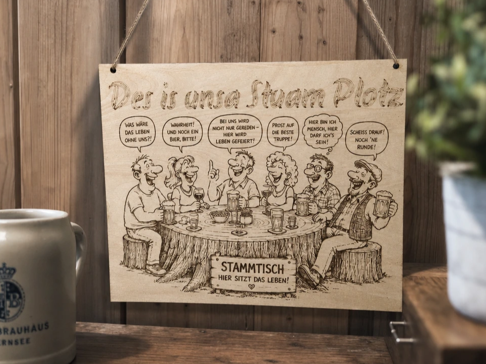 Holzschild mit Stammtisch Motiv und lustigem Spruch für die Bar