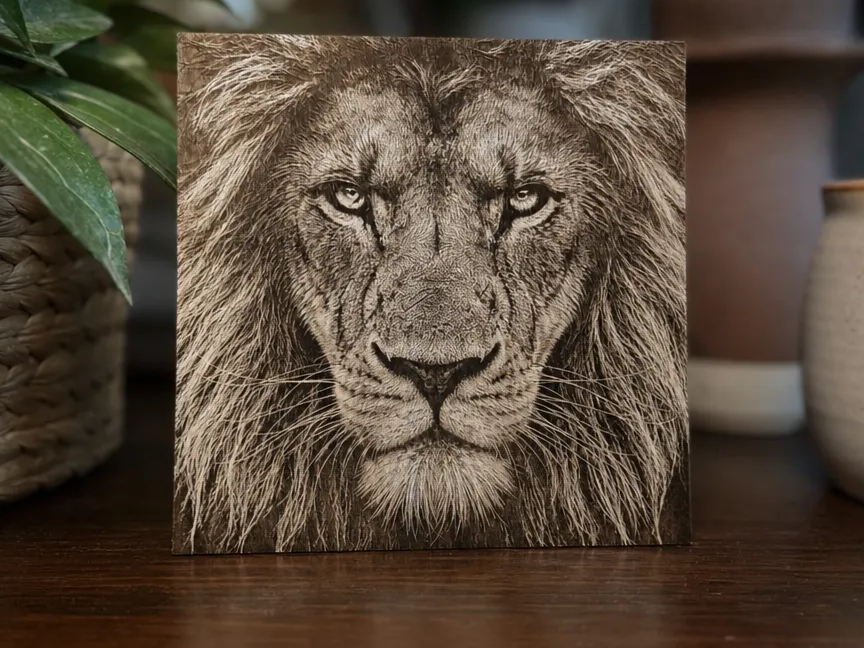 Detailed Lion Portrait Square Wall Art Wood Engraving