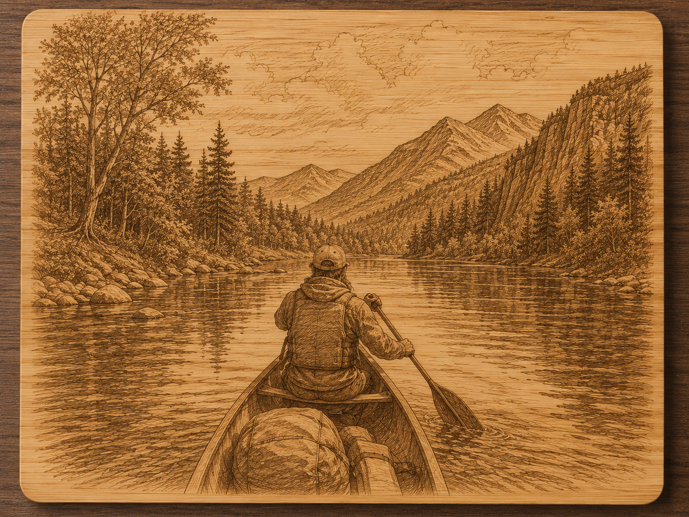 Wooden cutting board featuring a scenic mountain lake canoe landscape
