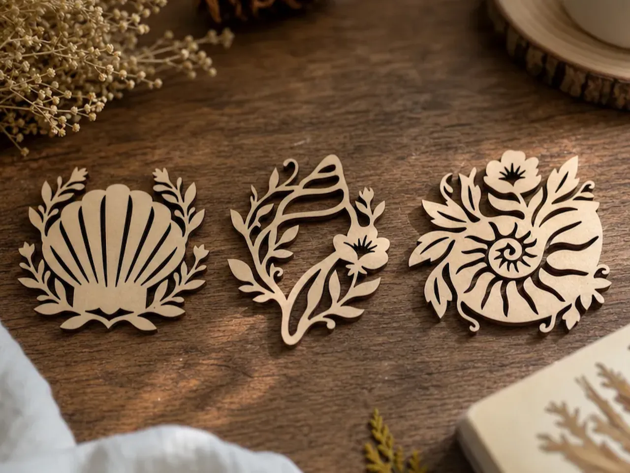[Laser cut and engrave] Set of Three Floral Seashell and Ammonite Cutout Coasters