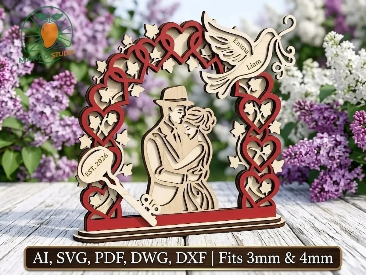 [Laser cut and engrave] 3D Wedding Couple Heart Arch Laser SVG