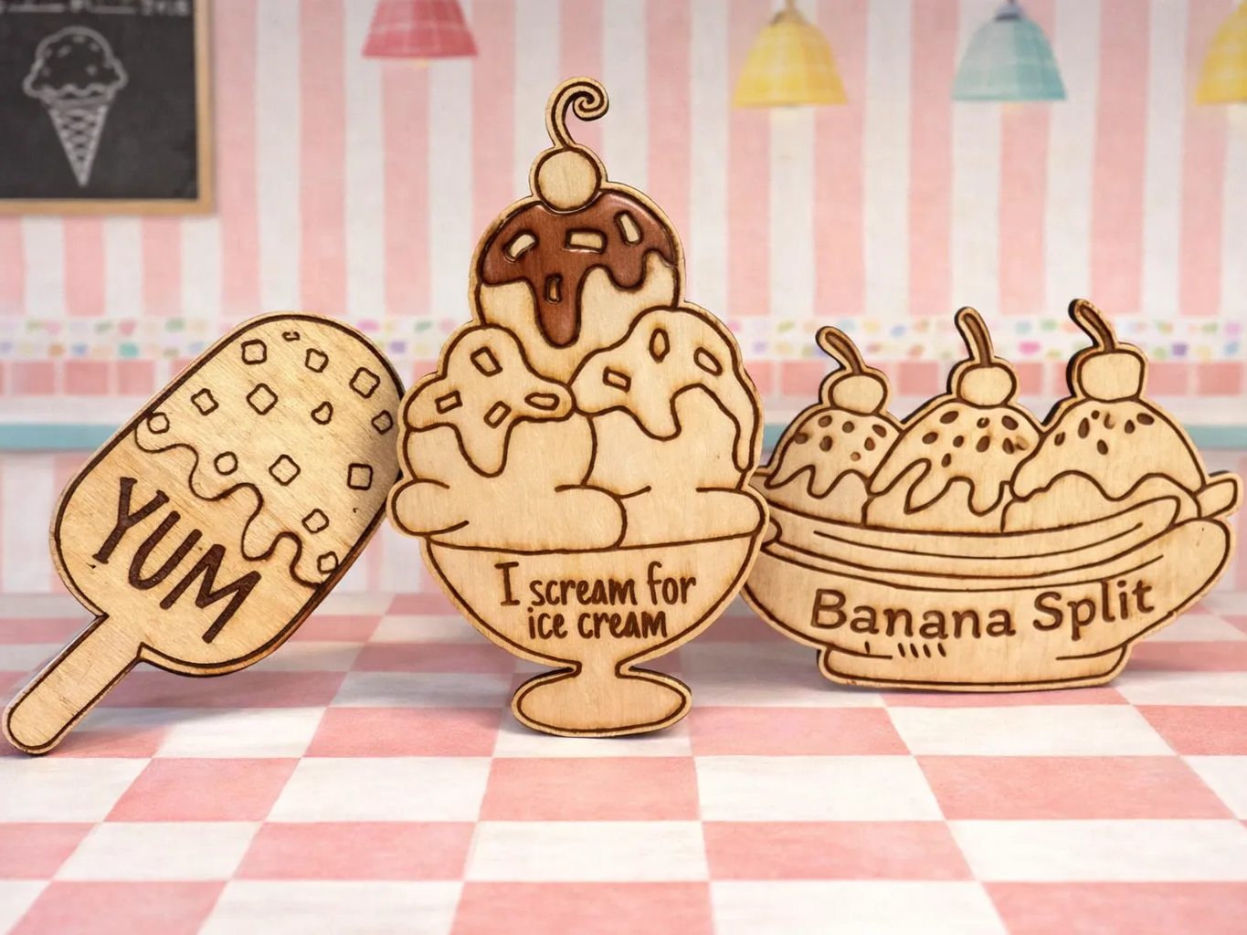Cool off this summer with these handmade ice cream themed wooden laser cut magnets, set of six.