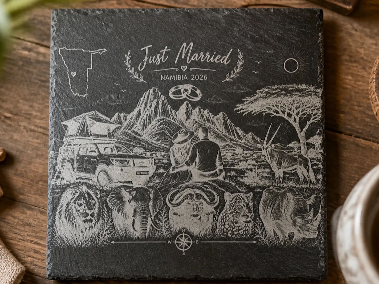 [Laser cut and engrave] Quadratischer Schieferuntersetzer mit Namibia Safari Hochzeitsmotiv