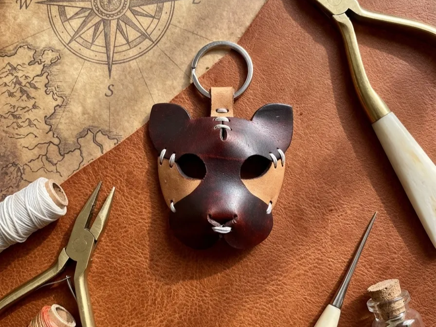 Leather Cat Face Keychain with Stitched Detail