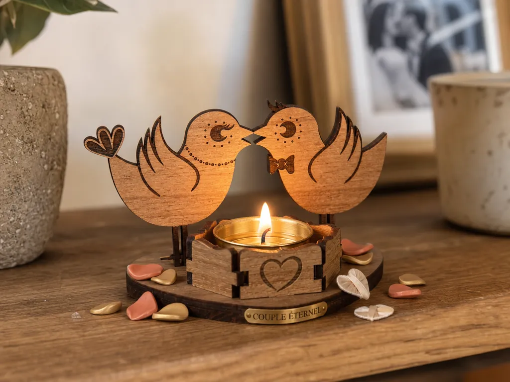 Bougeoir en bois avec deux oiseaux amoureux et motif cœur