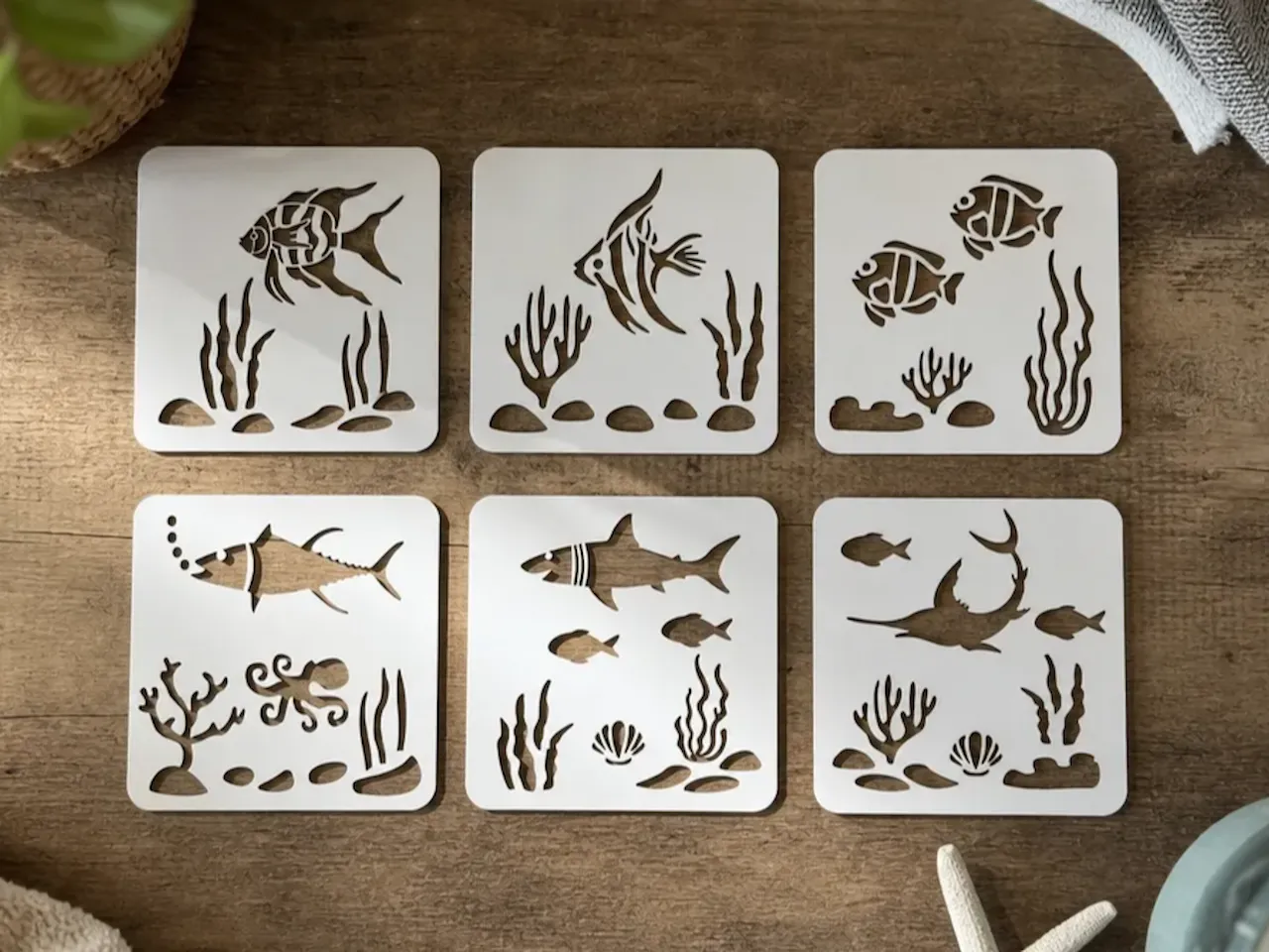 [Laser cut and engrave] Set of Six Square Ocean Life Stencils with Fish and Sea Creatures