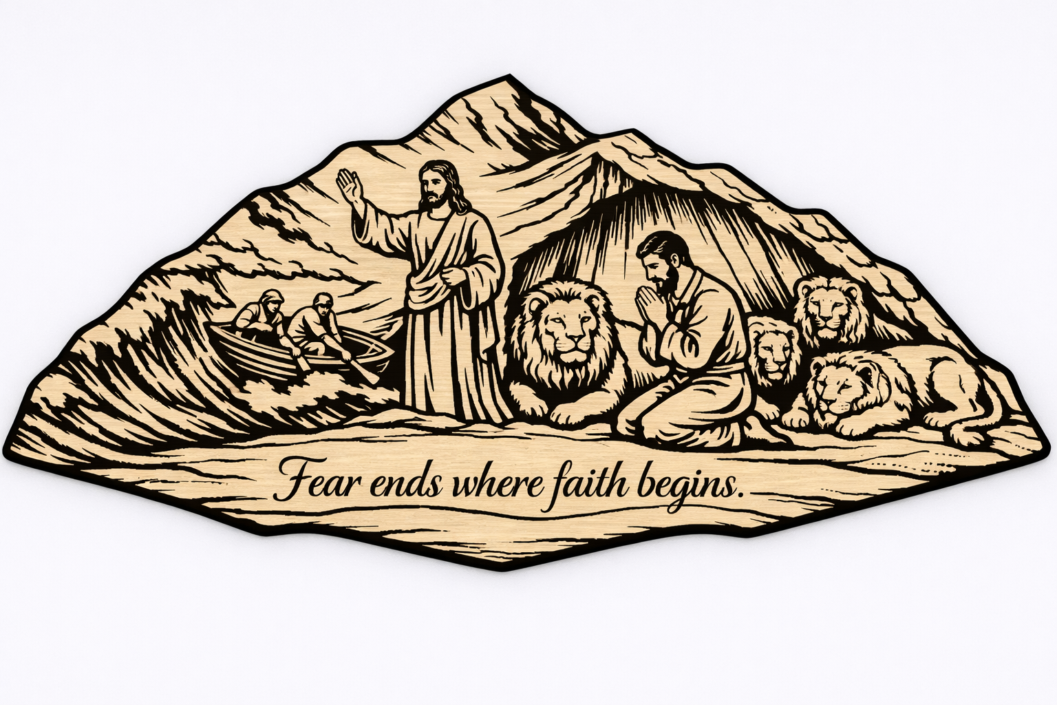 [Laser cut and engrave] Fear Ends Where Faith Begins Religious Wall Plaque with Jesus and Lion Motif