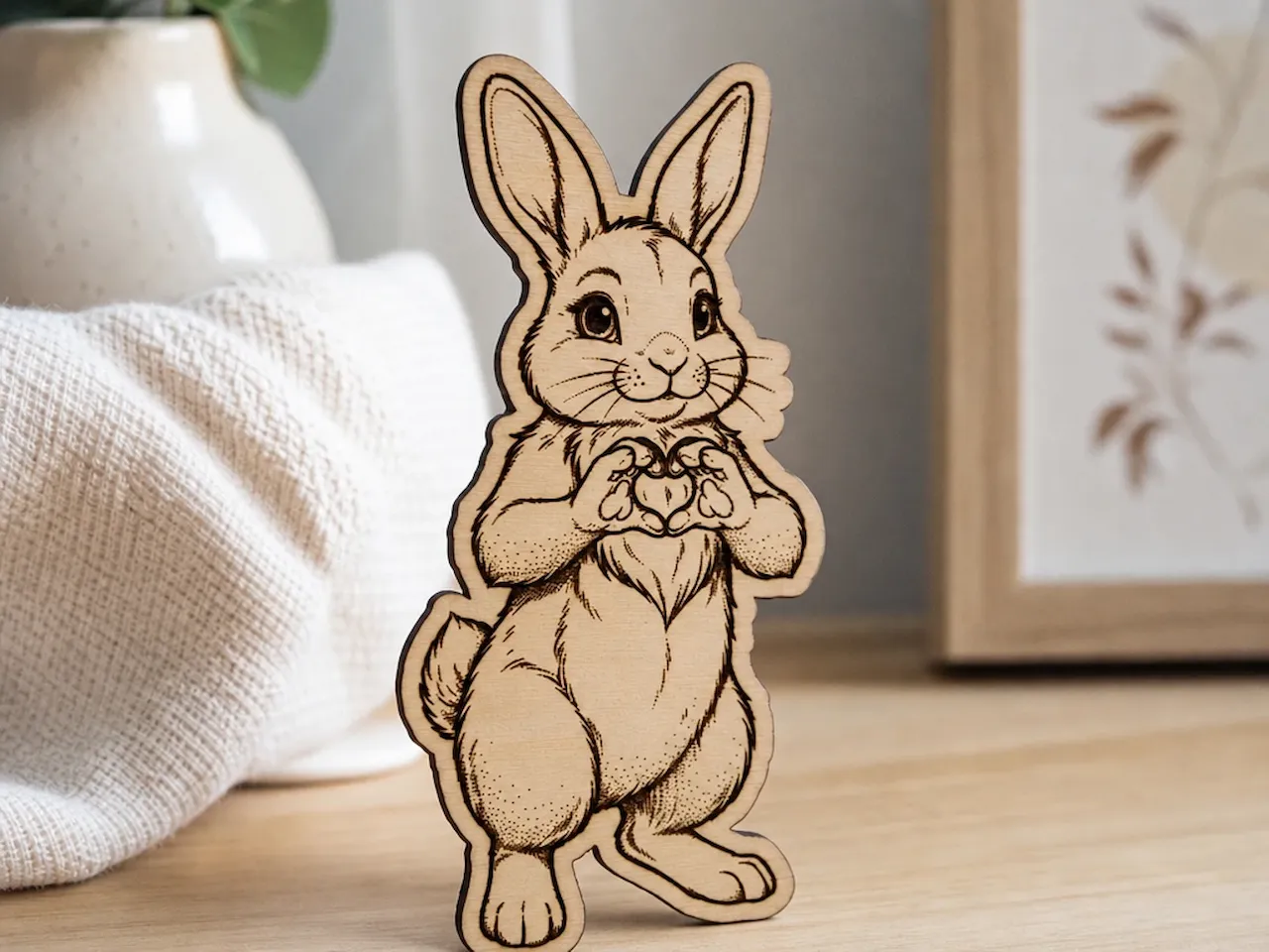 [Laser cut and engrave] Rabbit Figurine Making a Heart Gesture