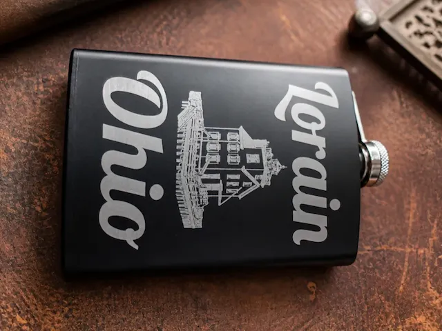 Black Metal Flask Featuring Lorain Ohio Lighthouse Illustration