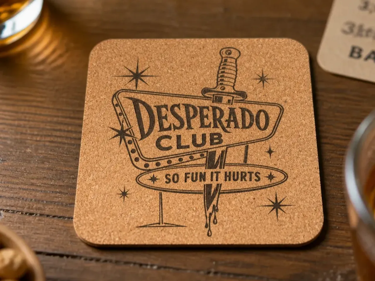 [Laser cut and engrave] Desperado Club Cork Drink Coaster with Retro Dagger Graphic
