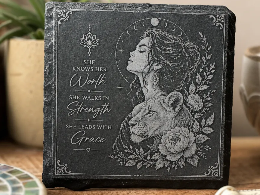 Slate Plaque Coaster Featuring Woman and Lioness with Inspirational Quote