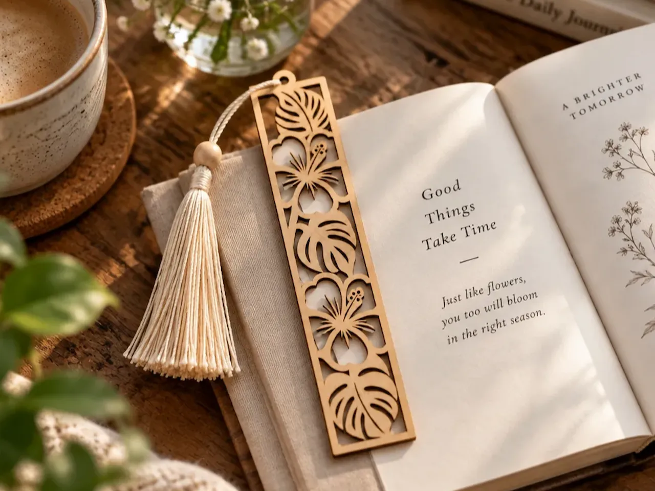 [Laser cut and engrave] Wooden Bookmark with Tropical Hibiscus and Monstera Leaf Cutout Design