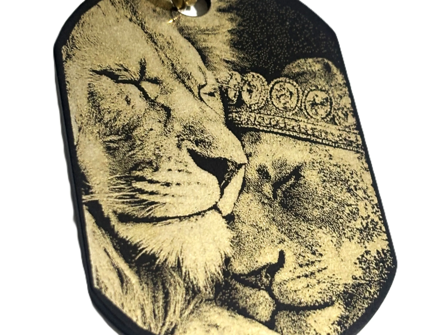 Dog Tag Pendant Featuring a Lion and Lioness Wearing a Crown
