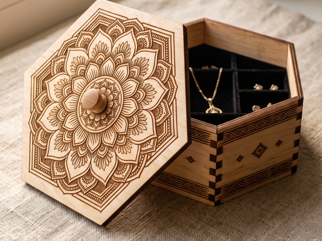 Hexagonal Wooden Jewelry Box with Mandala Lid