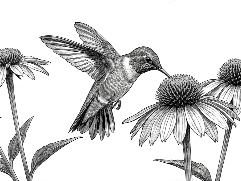 Hummingbird hovering over coneflower blossoms line art illustration