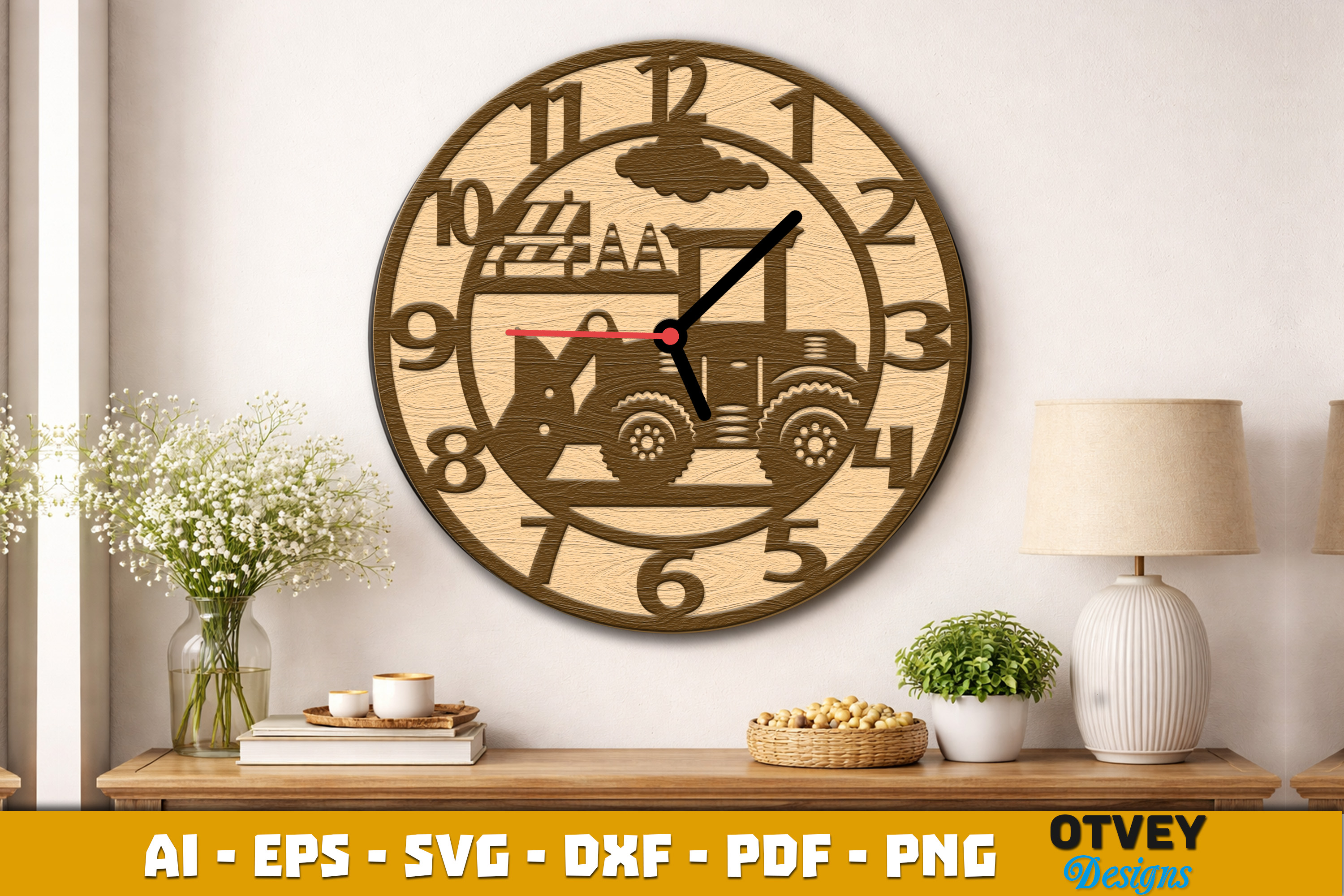 [Laser cut and engrave] Wooden Construction Wall Clock Lasercut 12 Designs