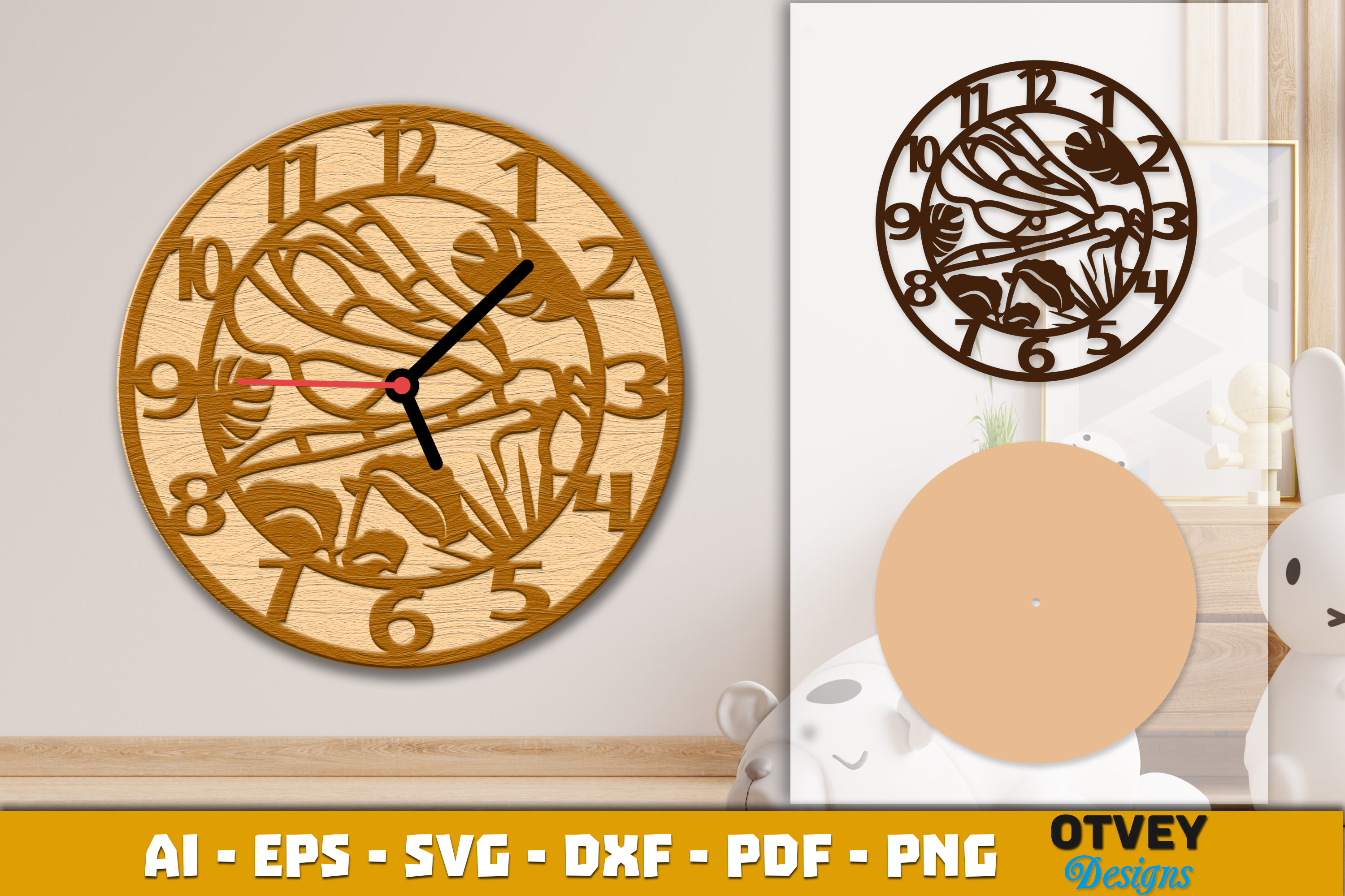 [Laser cut and engrave] Dragonfly Themed Round Wall Clock with Tropical Leaf Patterns