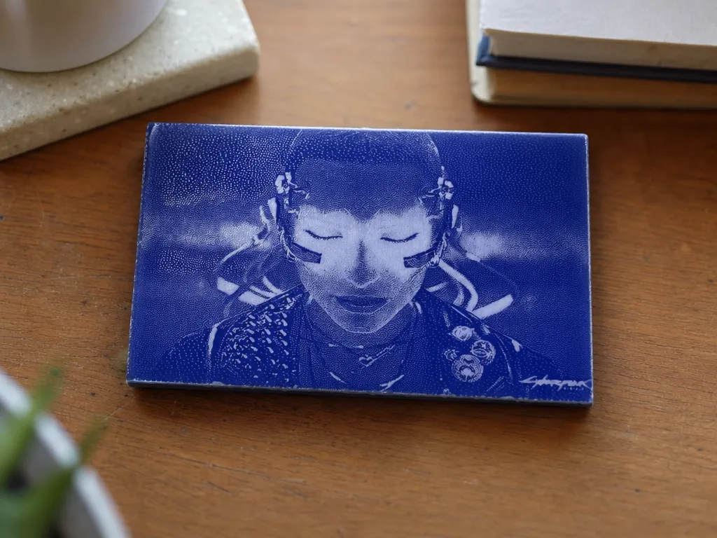 Cyberpunk Porträt auf rechteckiger 3mm blaues solid acryl Platte inkl. Schnitt