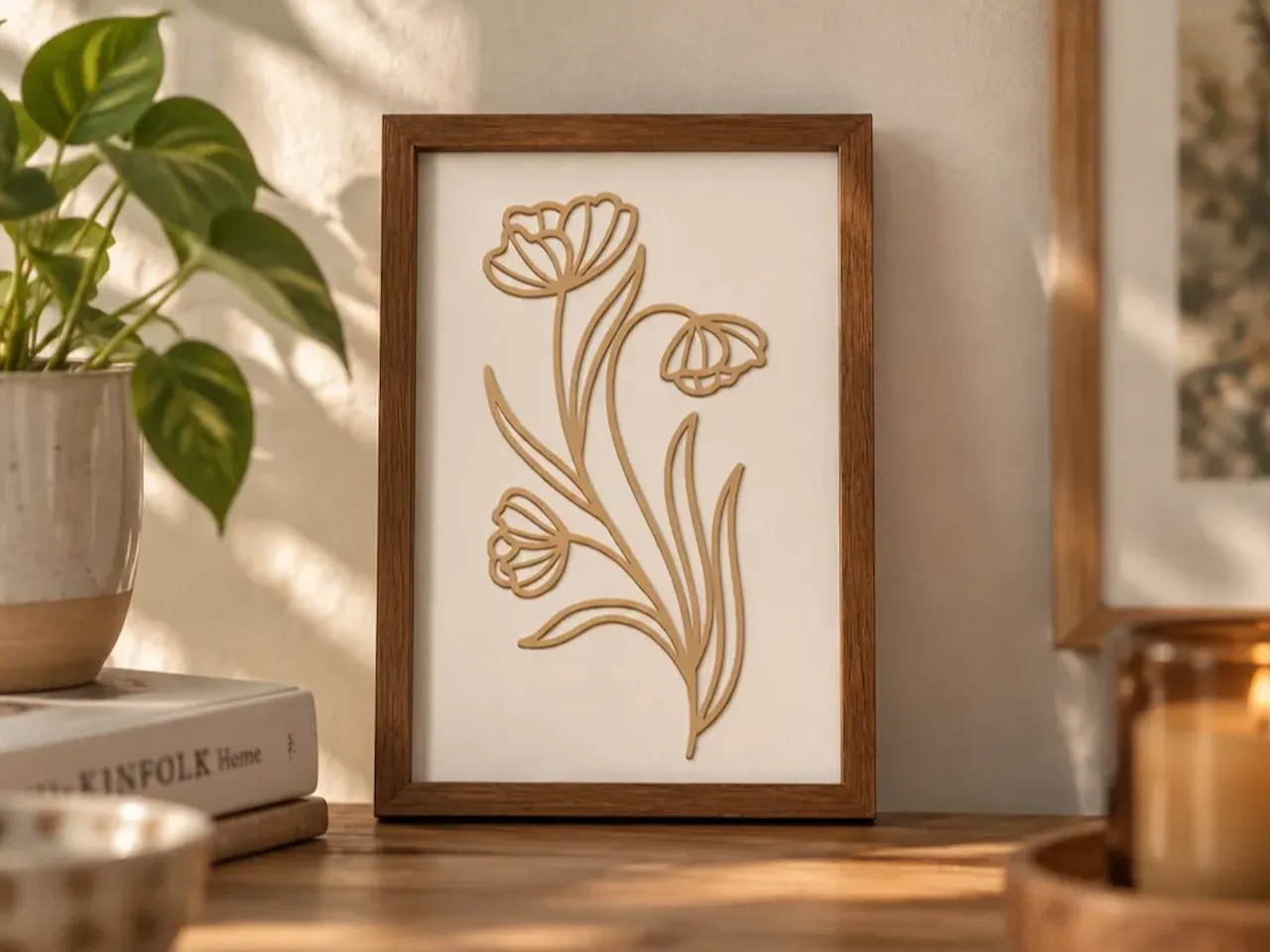 [Laser cut and engrave] Minimalist Floral Line Art Framed Wall Decor