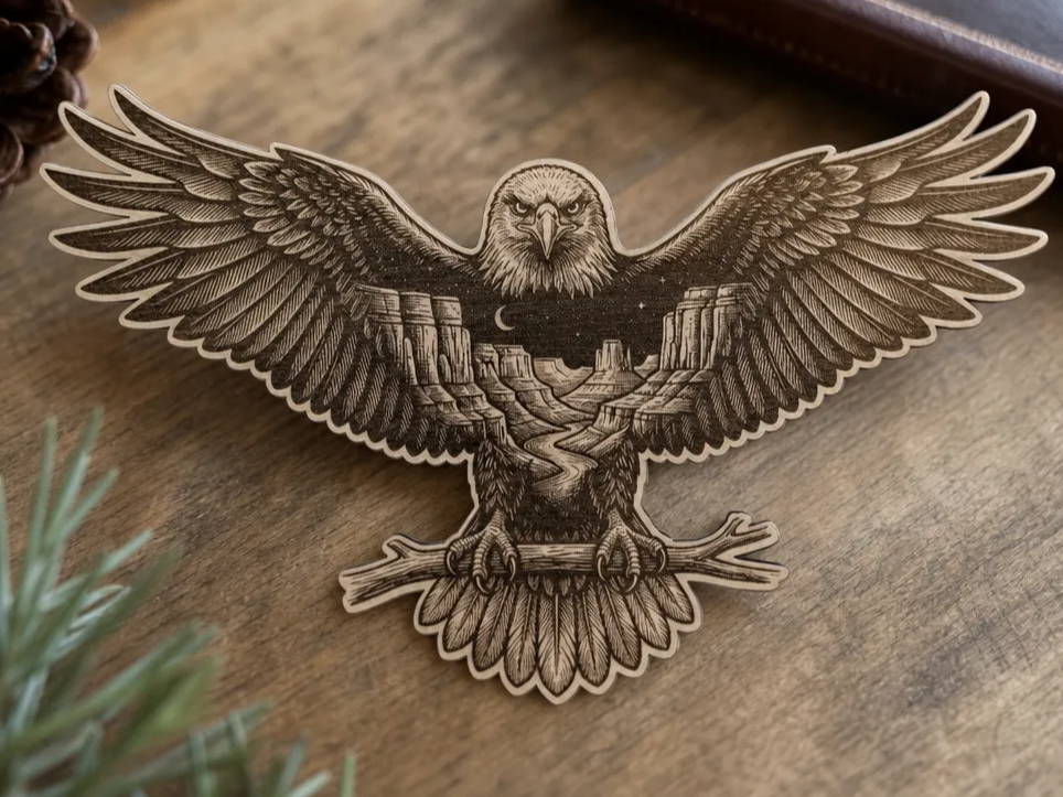 Aigle majestueux avec paysage de canyon et ciel étoilé