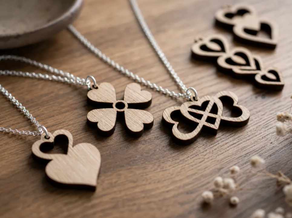 Wooden Heart and Clover Pendant Necklaces
