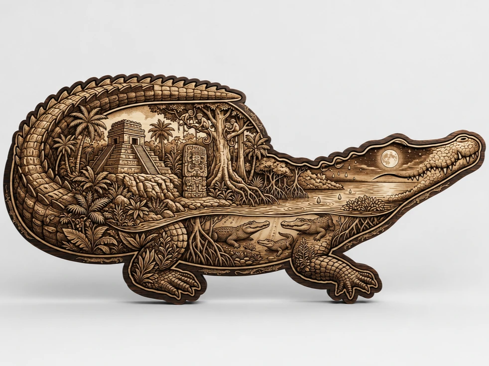 Alligator Shaped Wall Art Featuring Mayan Temple and Jungle Scene