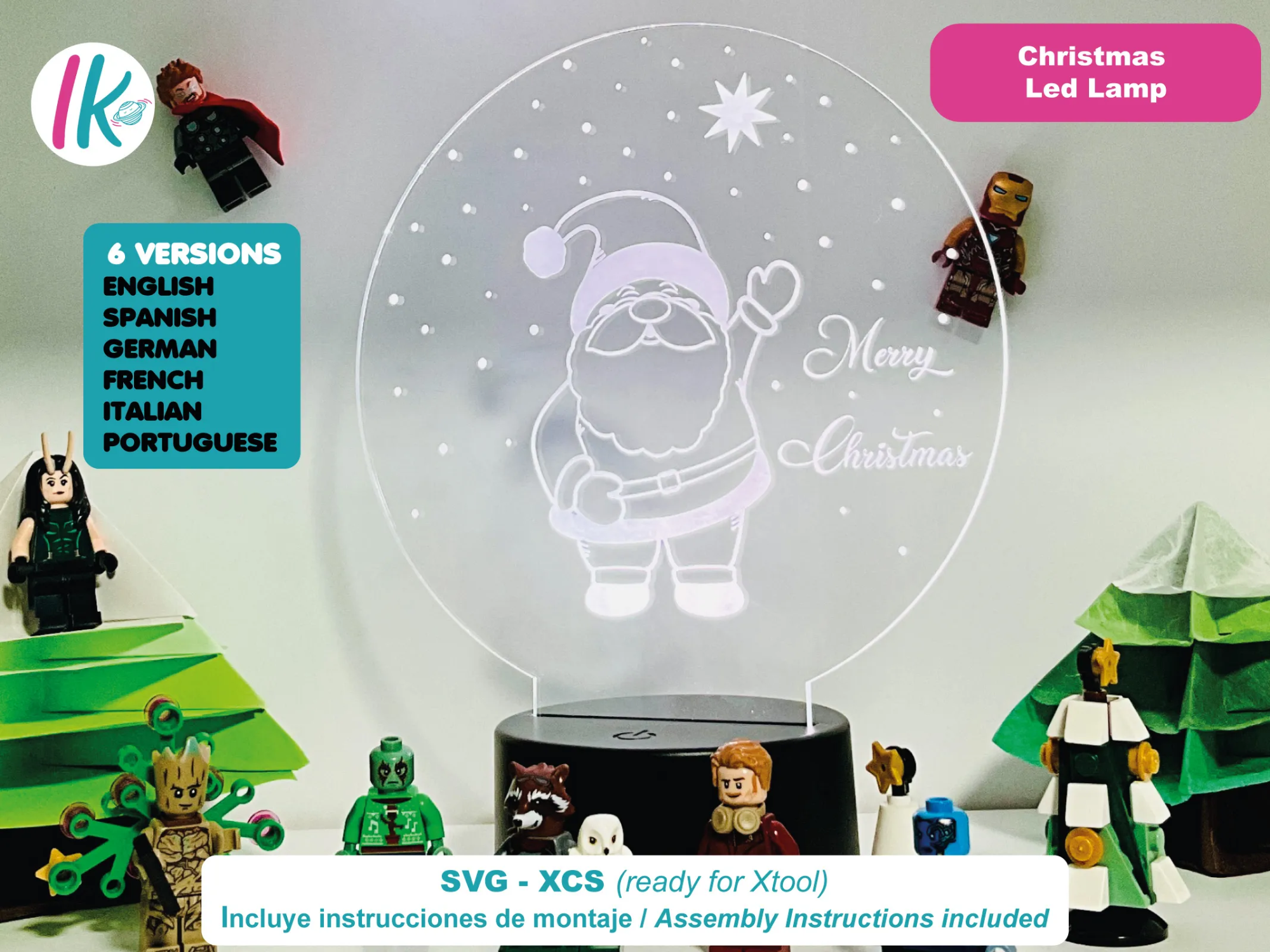 Santa Claus Merry Christmas LED Night Light -  Lámpara Led acrílicas navideñas. Feliz Navidad en 6 idiomas.