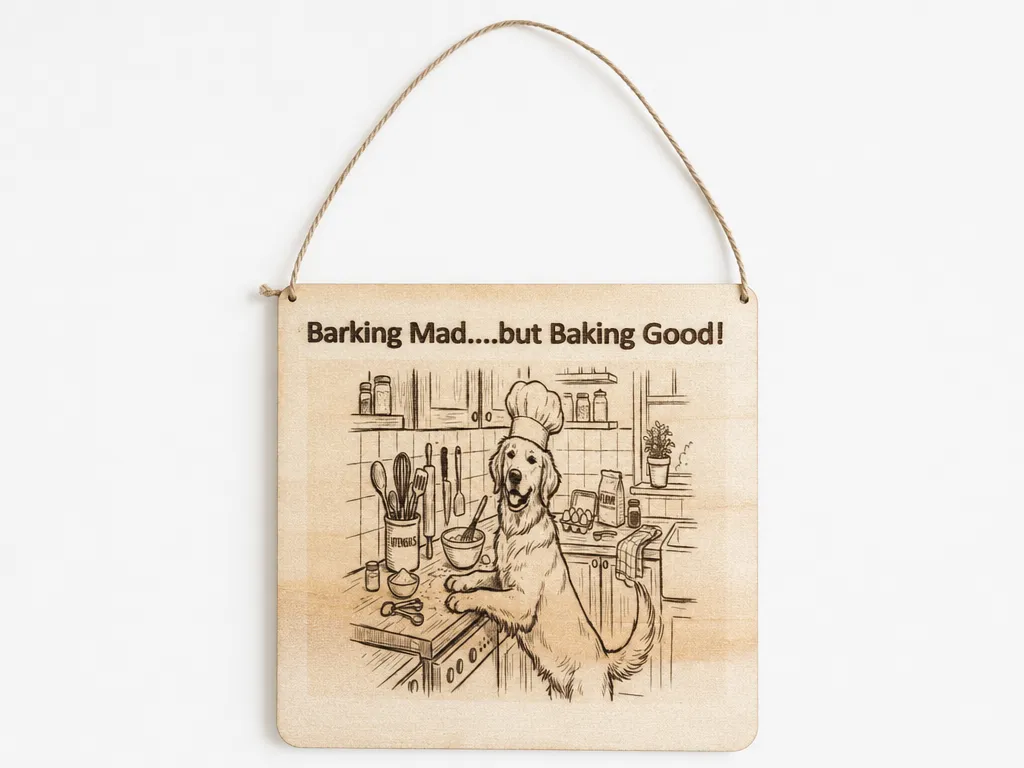 "Barking Mad but Baking Good" Wooden Wall Hanging Sign with Dog Chef Illustration