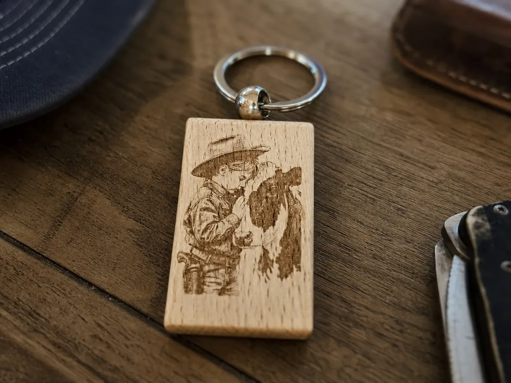 Wooden Keychain Featuring a Cowboy and Horse Illustration