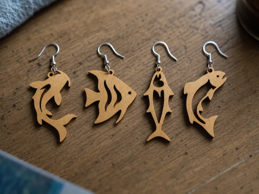 Set of Four Wooden Fish Shape Dangle Earrings