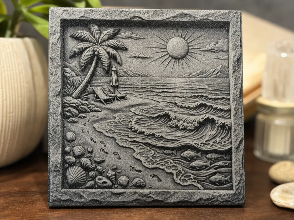 3D illusion summer motif on PLA (slate coasters work well too)