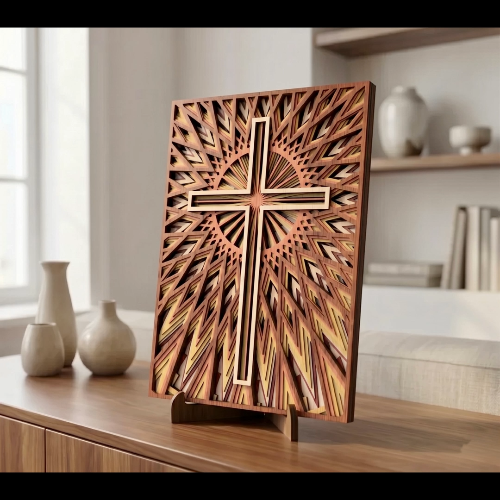 [Laser cut and engrave] 3D Cross Wall Art Laser Cut File – Radiant Faith, Christian Layered Mandala Design