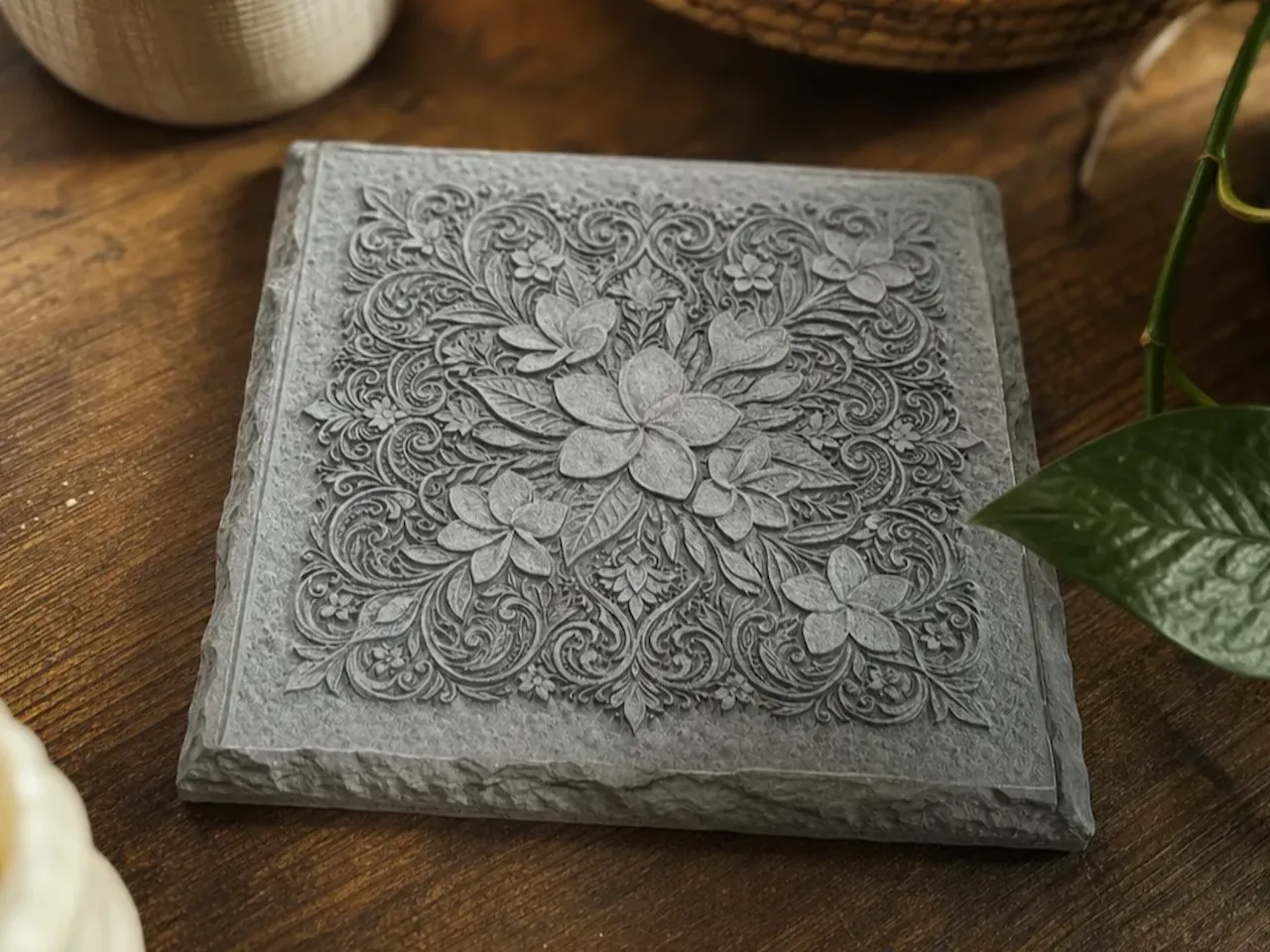 [Laser cut and engrave] Square Stone Coaster with Intricate Floral Relief Pattern