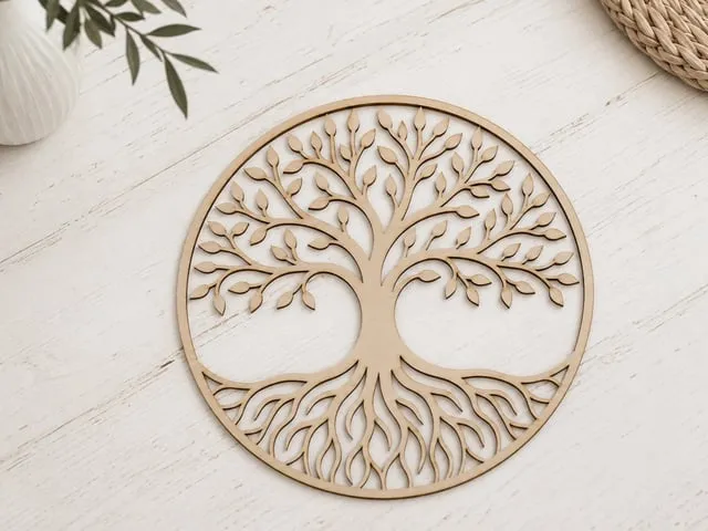 Décoration murale ronde en bois représentant l'arbre de vie