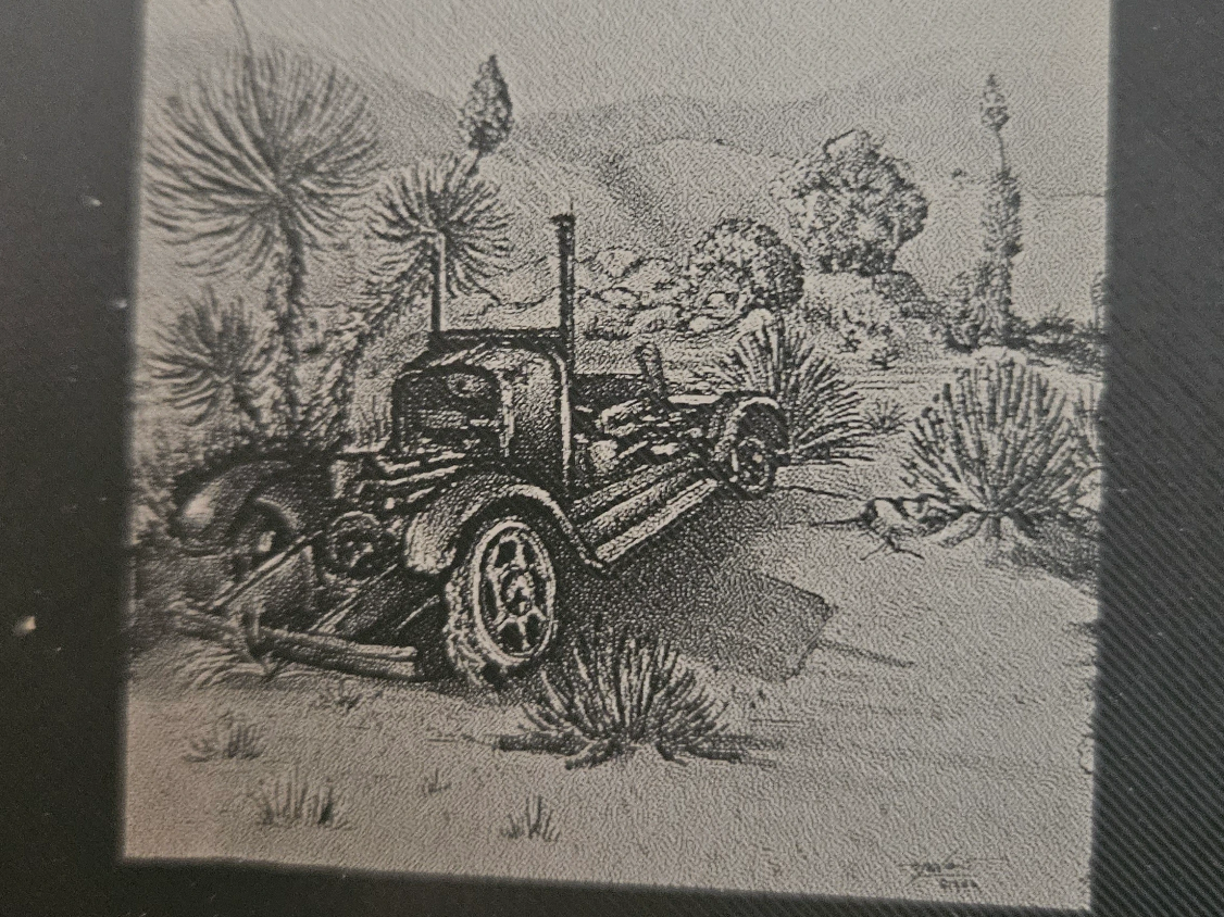 Vintage Car Abandoned in a Desert Landscape Sketch