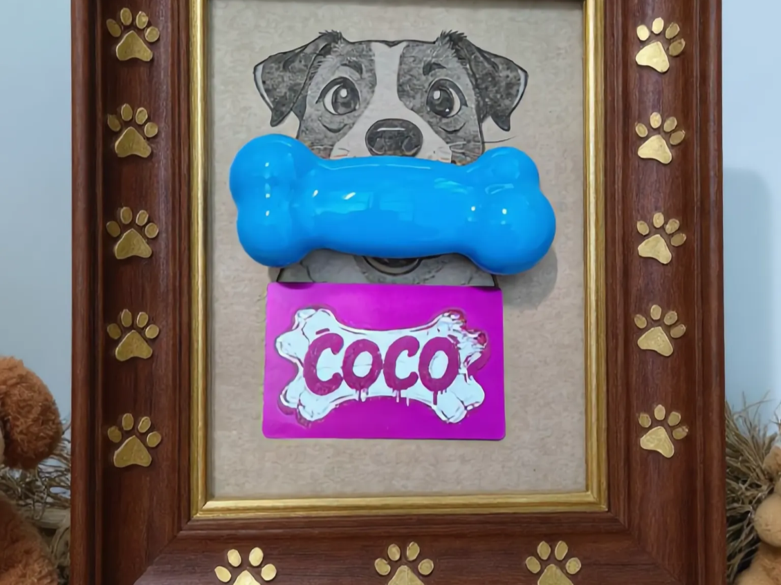 Cadre photo personnalisé avec portrait de chien et os pour Coco