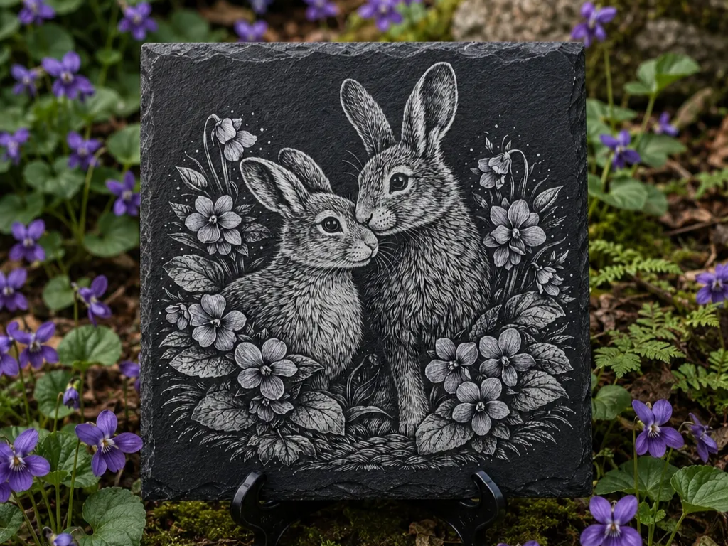 Husband and Wife Rabbits Among the Violets – Slate Engraving 2 of 6