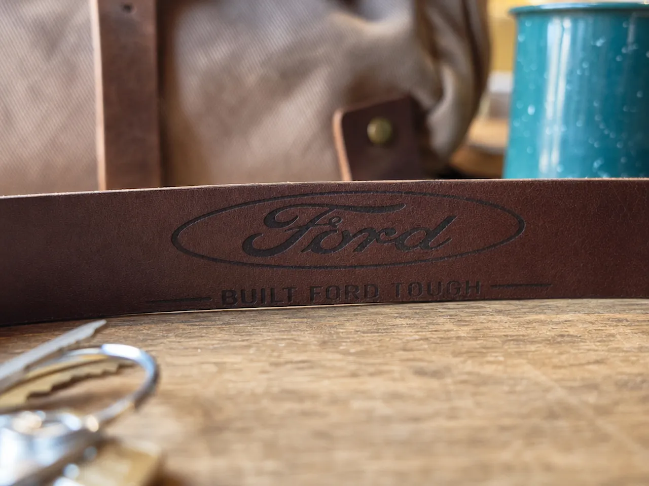 [Laser cut and engrave] Brown Leather Belt with Ford Built Ford Tough Branding