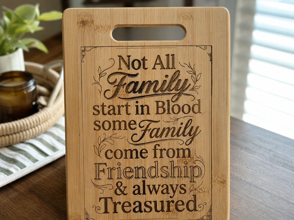 Bamboo Cutting Board with Not All Family Start in Blood Quote