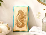 [Laser cut and engrave] Wooden Seahorse Wall Plaque with Blue & Gold Trim