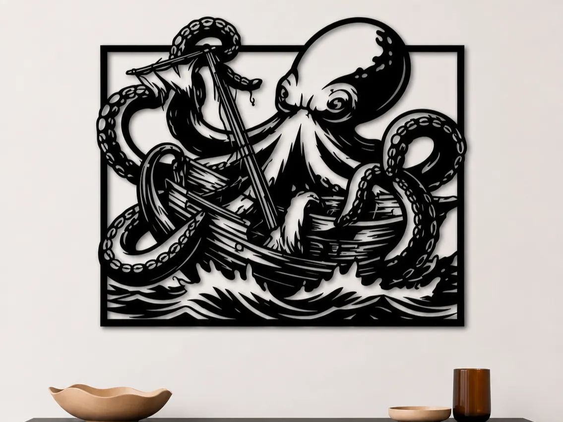 Kraken Wall Art SVG | Giant Octopus Pirate Ship Laser Cut Design | Sea Monster Wall Art | Nautical Decor | Digital Download