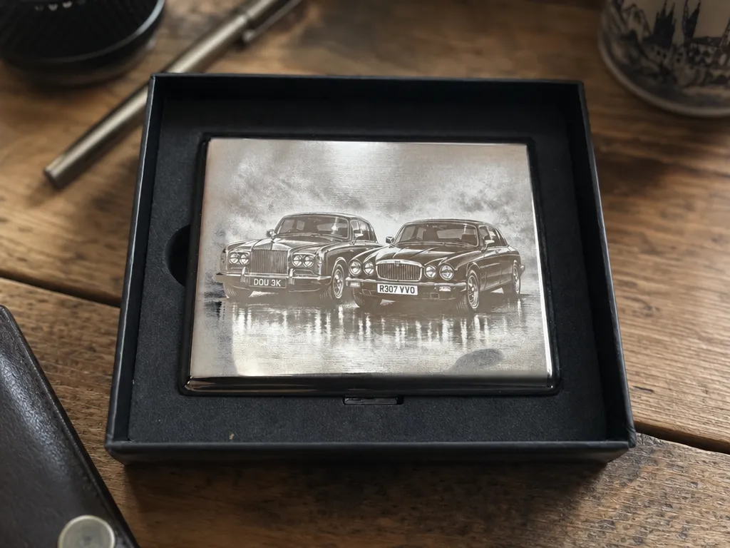 Silver metal cigarette case featuring classic Rolls-Royce and Jaguar car illustration